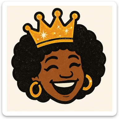 Create a 1970s disco emoji of just the head of a female African American, inspired by the references, using only gold, silver, black, and white. Make the crown and accessories extra vibrant and sparkling, with a joyful expression and afro hairstyle, in a bold pop colors style. sticker