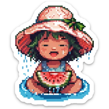 cheerful child in a big sun hat biting into a slice of watermelon by a sparkling river, water splashing, summer vibes, pixel art style sticker