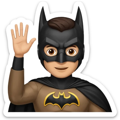 Make a man with brown eyes and dark hair in a Batman costume and mask waving "hello" sticker