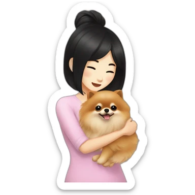 pomeranian hugging east asian girl with medium length black hair sticker