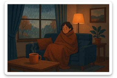 cozy living room scene with warm lighting, a person wrapped in a blanket on a sofa, a mug of tea, and a window showing rainy weather outside, all in cool autumn shades sticker