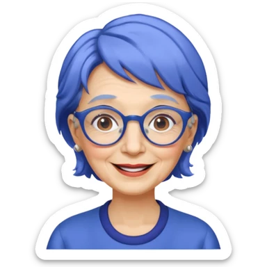 old lady with cobalt hair, wearing glasses, slight curl short hair, long face sticker