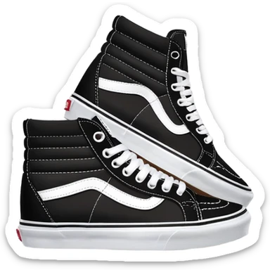 Two black Vans Sk8-Hi high top sneakers positioned in a staggered arrangement with one behind the other, classic black with white sidewall stripe, white laces and rubber toe cap sticker