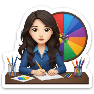 female dark wavy long hair graphic designer , big color wheel behind , pens, papers, desktop sticker