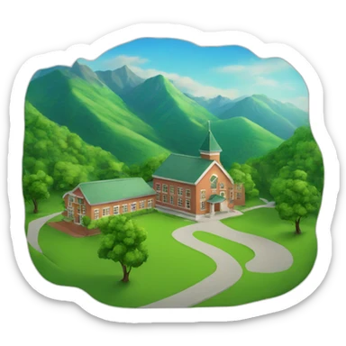 a small school at the foot of a beautiful green mountain with children play sticker