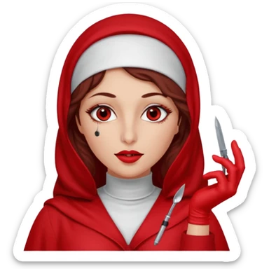 Lilith scalpel in hand, evil surgeon outfit.  She has red eyes. She has dark brown curly hair. Hair is long . Wears sexy doctor outfit with red gloves. Covers nose, neck and mouth with Muslim red burka sticker