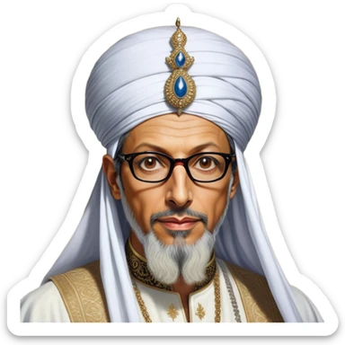 Jeff Goldblum without glasses as a regal portrait dressed as _cinematic-realistic-portrait-of-suleiman-the-magnificent,-depicted-as-a-regal-ottoman-sultan-adorned-with-a-large,-white,-round,-tall-turban-and-a-majestic-grey-beard,-his-commanding-gaze-bathed-in-warm,-historic-lighting-that-exudes-timel sticker