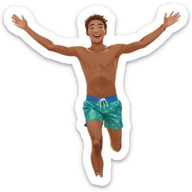 A person running into the ocean with arms wide open, embracing the waves and the moment. The sun shines warmly, and the water sparkles, symbolizing the joy of creating fun and appreciating life’s simple moments. Their footprints in the sand fade as they fully immerse themselves in the present. sticker