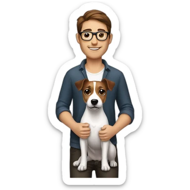 Man with modern cut brown hair with glasses with jack russell terrier dog sticker