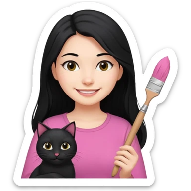 Painting women. smilling   Long black hair,  lunette peinture top pink, pinceau with is black cat  sticker
