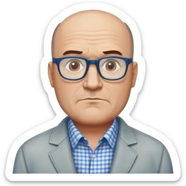 50-year-old heavyset man with wide face and prominent square jawline. Hair only on top of head with completely bald sides (horseshoe pattern baldness). Large dark square glasses. Serious-relaxed expression. Light gray jacket that fits his larger frame, white shirt with blue checkered pattern. sticker