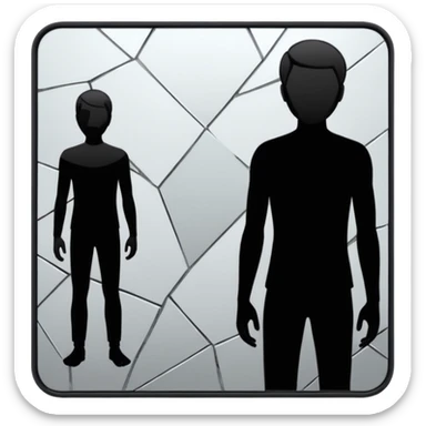 Minimalist emoji-style sticker of a person standing in front of a cracked mirror. The mirror shows a dark shadowy silhouette or distorted figure instead of a reflection. Flat black and white design with muted gray tones. No text. Bold, clean lines. Square composition. No shading or gradients. sticker