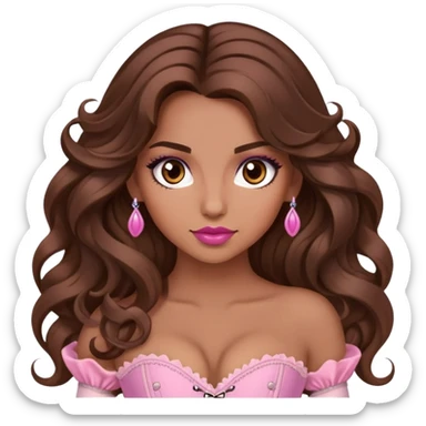 Une femme à la peau mat et aux cheveux long, châtain et ondulé. Elle a les yeux marron et elle est maquiller, elle porte un corset rose.  sticker