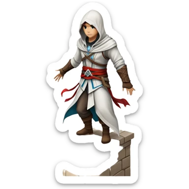 An icon representing an adventure game, inspired by Assassin's Creed. The design features a heroic character in hooded attire, scaling a tall building in a historical cityscape. The background shows ancient architecture and hidden symbols, symbolizing exploration and stealth. Transparent background  sticker