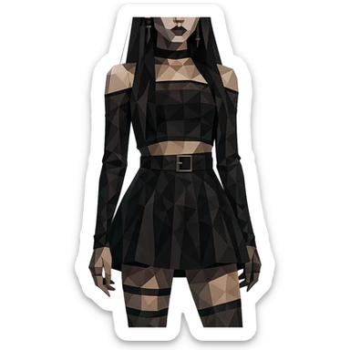 K-pop inspired gothic girl, polygonal style, geometric shapes, dark color palette, stylish stage outfit sticker