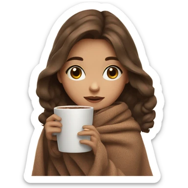 girl inside brown hair, doll eyes, a blanket sipping hot  chocolate, small  sticker