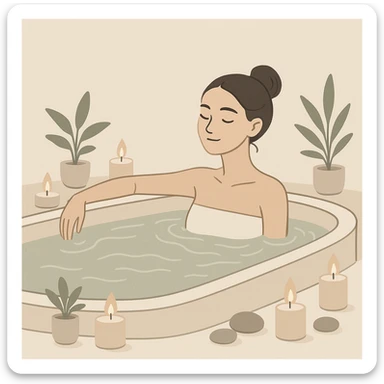 girl relaxing in a hot tub, lit candles, spa atmosphere, modern minimalist style sticker
