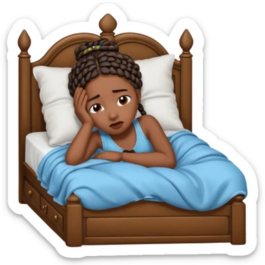 Black woman with braids in a big king size bed on one side by herself crying sticker