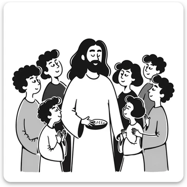 Jesus surrounded by his disciples and followers, peaceful gathering sticker
