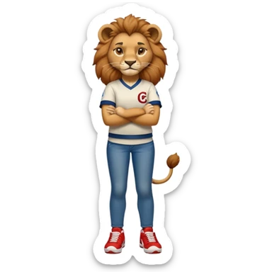 confident anthropomorphised female lion wearing a baseball shirt, jeans, trainers, arms crossed, strong and determined expression sticker