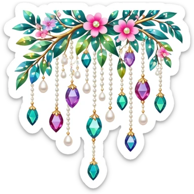 Exotic colorful romantic Few cute tiny Iridescent glistening glossy sparkly shiny glittery hanging crystals pearls and beads and gemstones scenery scenic decorations with branches and flowers sticker