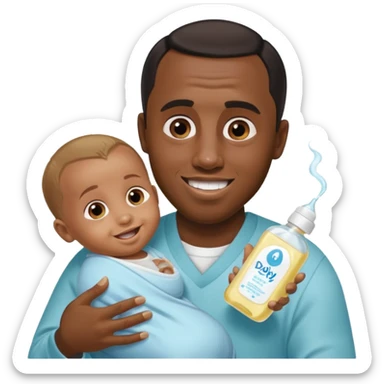 Sean “Diddy” Combs with baby oil and a very small infant and he’s pouring the baby oil on the baby and they have a scared face they’re really scared while diddy is happy sticker