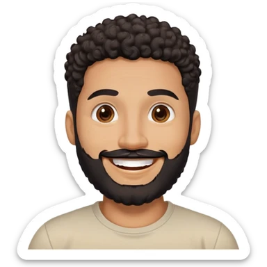 Latino man in his late 30s with warm brown skin. Round face. Big bright smile showing joy. Lively dark brown eyes. Thick defined eyebrows. Short tight curly black hair with fade on sides. Full black beard, neatly trimmed. Wearing a light beige round-neck t-shirt. sticker