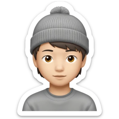 14-year-old Asian boy, short brown hair with side bangs, wearing a grey beanie sticker