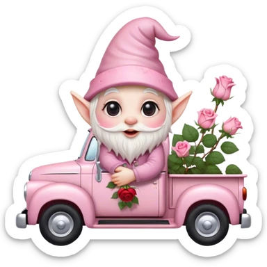 An adorable little pale pink Valentine’s Day style gnome with large glistening eyes, holding a rose with hearts in the background riding in the back of a beat up old pick up truck sticker