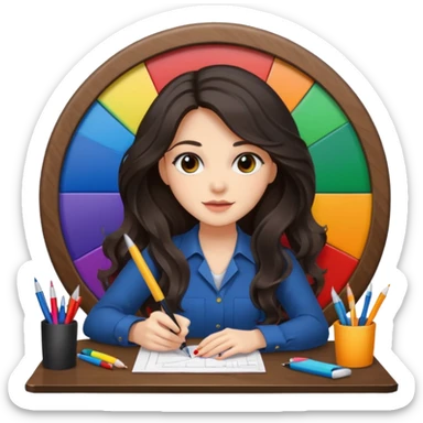 female dark wavy long hair graphic designer , big color wheel behind , pens, papers, desktop sticker