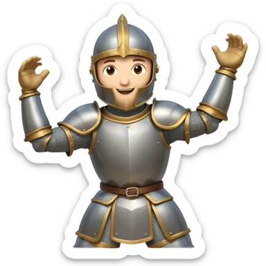 A cartoon knight in full armor with a closed helmet, expressing joy. The knight's head is tilted slightly upward, arms outstretched, and legs in a slight jump. sticker
