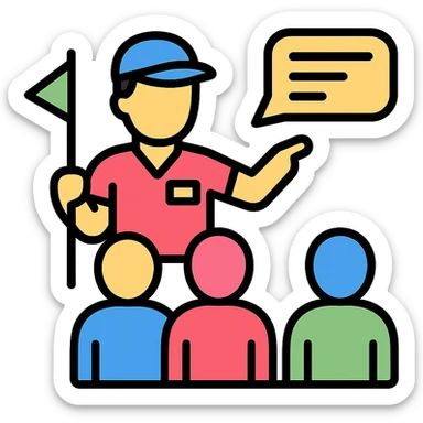 travel guide giving a talk to a group of people, color outline icon sticker