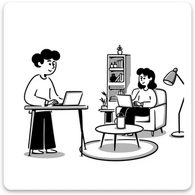 escenary 3d of a cozy mid-century living room with two people working on laptops, one man standing at a desk, and one woman sitting on a couch sticker