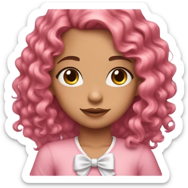 Girl face with cute pinkish makeup and pretty pink hair ribbon and long curly brown hair sticker