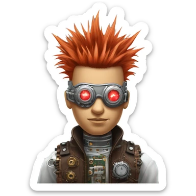 Light red Mohawk hair male cyborg head with white steampunk goggles and circuits sticker