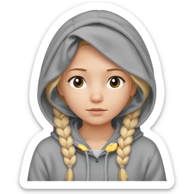 blonde braided girl with her head covered in a sweatshirt and hood sticker