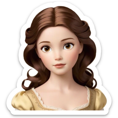 Cinematic Realistic Belle Portrait, depicted with lifelike skin texture, soft natural lighting, and intricately detailed brown hair styled elegantly. Her deep, expressive eyes exude warmth and intelligence, complemented by a serene and graceful expression. She is dressed in her classic attire, with rich fabric textures and delicate folds that catch the light beautifully. The portrait features a soft, enchanting glow with a natural, radiant finish, capturing the essence of timeless beauty in a realistic and painterly style, evoking a sense of depth and authenticity. sticker