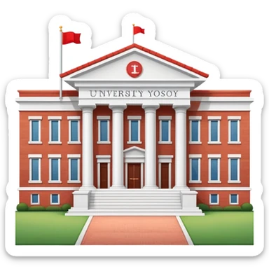 A flat cartoon-style university building with columns and a small flag on top. Red brick, symmetrical, clean design, white background, iOS emoji aesthetic. sticker