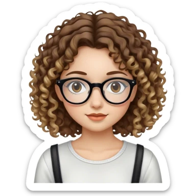 Girl with black glasses and sligh smile with brown curly hair with blond highlights in a cute outfit  sticker