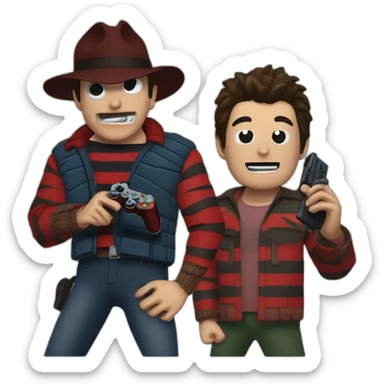 Freddy Krueger and Ash Williams and Jason Voorhees playing a video game sticker