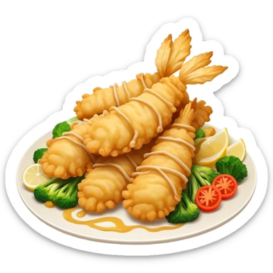 Cinematic Realistic Tempura Dish Emoji, depicted as lightly battered and fried seafood and vegetables rendered with delicate textures and crisp, inviting lighting. sticker
