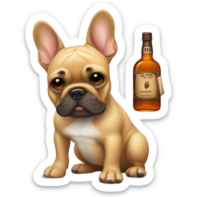 Tan French bulldog with a bottle of whiskey  sticker