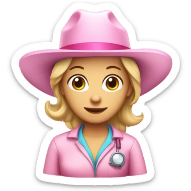 Caucasian Female Lab scientist with a pink cowgirl hat sticker