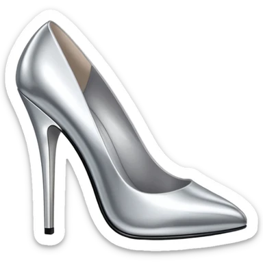A pair of high heel shoes emoji made of polished silver chrome, elegant sharp silhouette, smooth metallic surface, glossy reflections, luxury sexy vibe, minimalistic iOS emoji style, centered, clean white background sticker