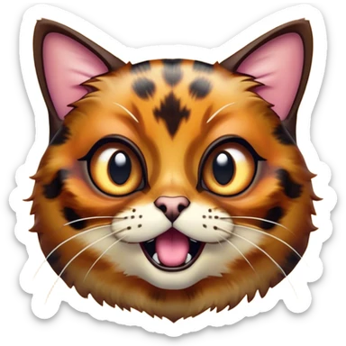 Cinematic Comical Tortoiseshell Cat Portrait Emoji, Head cocked dramatically with an over-the-top shocked expression, featuring a rich mottled fur of browns and blacks and wide, comically animated eyes full of playful disbelief, simplified yet hilariously detailed, glowing with a bold, sassy radiance, high shine, exuding a mischievous and spirited charm, styled with a soft glowing outline, capturing the essence of a tortoiseshell cat that appears ready to burst into comical antics! sticker