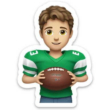 boy with brown hair and light blue eyes. wearing a green shirt. holding an american football  sticker