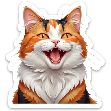 Cinematic Cute Yawning Calico Cat Portrait Emoji, Head tilted mid-yawn with a charming, relaxed expression, showcasing a soft patchwork fur of vibrant orange, black, and white, simplified yet irresistibly adorable, highly detailed, glowing with a cozy, gentle radiance, high shine, exuding sleepy yet endearing charm, styled with a soft glowing outline, capturing the essence of a calico cat caught in a delightful yawn that seems ready to cuddle up for a nap! sticker