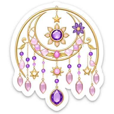 Epic beautiful gorgeous cute gold suncatcher, threads with shiny sparkly amethyst and rose-quartz gemstones, flowers, moons, stars, leaves sticker