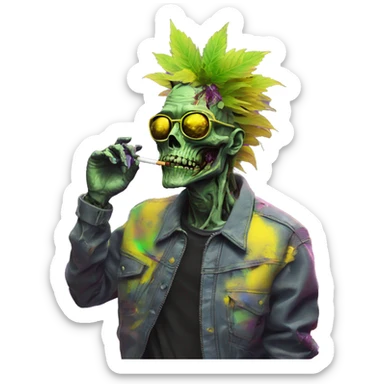 420 .Zombie_ Vaporwave black holographic oilslick zombie unicorn smoking yellow caution tape hemp leaves sticker
