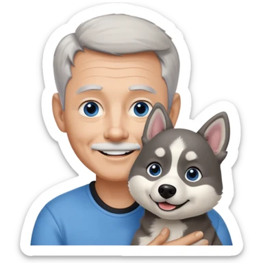 A 60 year old man with blue eyes and short light gray hair and no mustache and slightly big ears, holding a single black and white husky dog with floppy ears and white tuft eyebrows, both smiling sticker